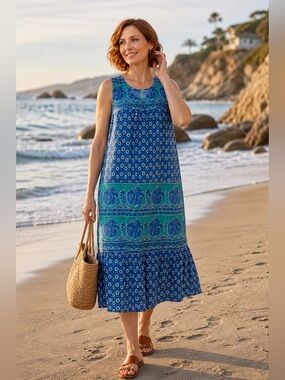 La Cera Blue Border Print Midi Dress Cotton Boho Petite PM Sleeveless Summer